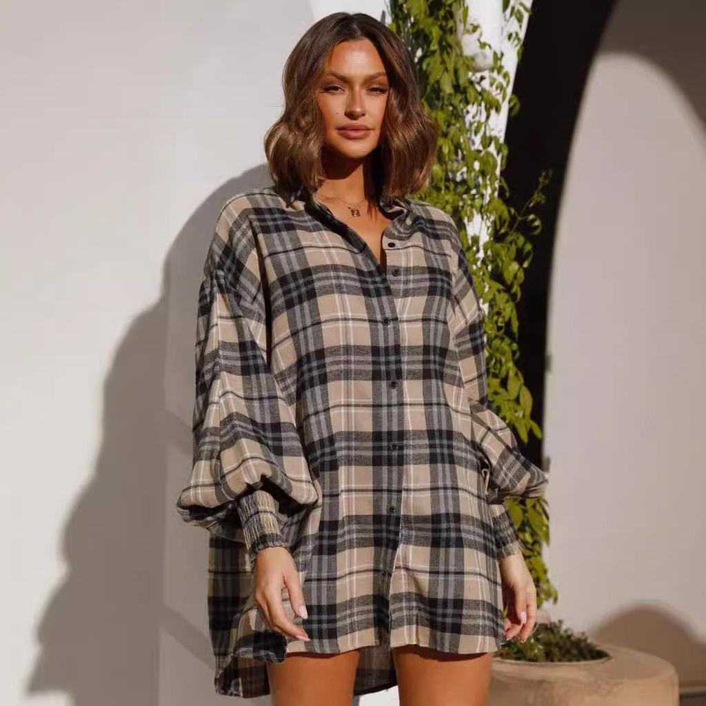 Women Spring Autumn Temperament Large Lapel Collar Plaid Shirt Loose Blouses Long Lantern Sleeve Cardigan S-XL
