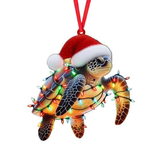 Christmas Ornament Flat 2D Acrylic Lion Wearing Santa Hat Charm Christmas Hanging Ornament with Rope