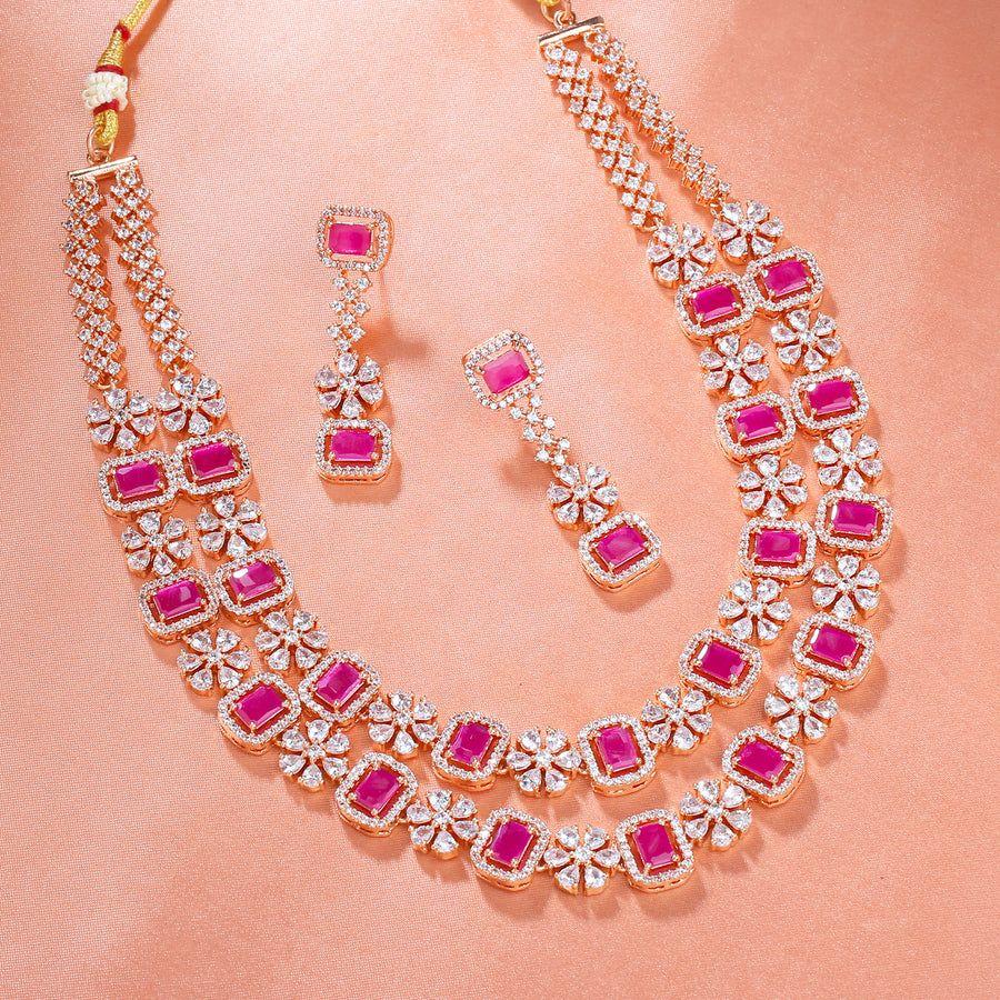 Estele комплект из сверкающего двухслойного ожерелья Dulhan с покрытием из розового золота и рубиновыми камнями для женщин