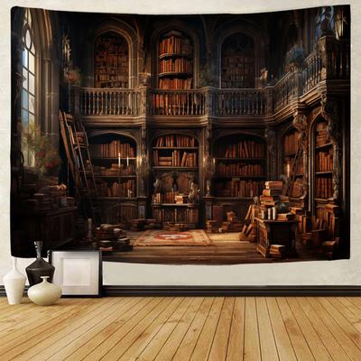 Vintažinis knygų lentynos gobelenas, Studijų kambario paveikslų sienos pakabinamas elementas, Meno bibliotekos bohemiškas hipių miegamojo, universiteto bendrabučio dekoracija