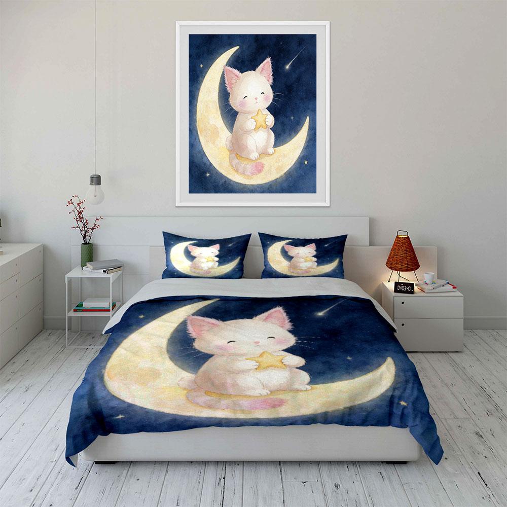Moon Cat Starry Night Decor Soft Comfortable Duvet Cover Bedding Set Included 1*Duvet Cover & 2*Pillowcases, Gift