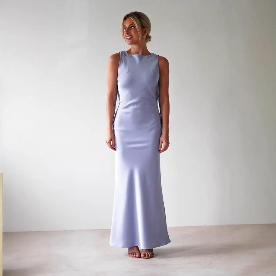 Letní jednobarevné, Přiléhavé, Elegantní, Bez rukávů, Retro šaty se šněrováním a kulatým výstřihem