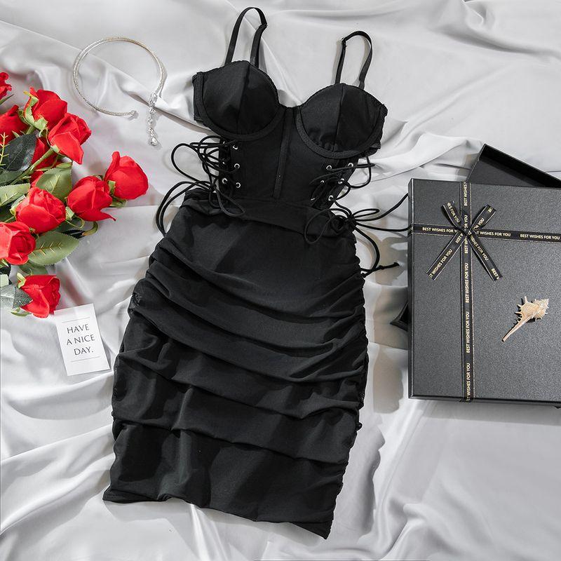 

European and American Women Sexy Nightclub Club Jumpsuit Black Hip Skirt Steel Ring Gathered Drawstring Hollow out Backless Fishbone Skirt Black L