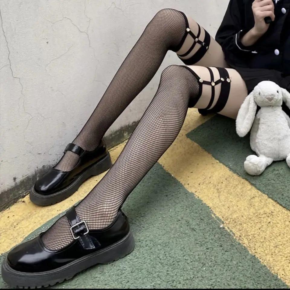 Gothic Dark Long Sexy Fishnet Stockings Women Kawaii Harajuku Emo Alt Mesh Tights Lingerie Skin Thigh Knee High Garters Hosiery