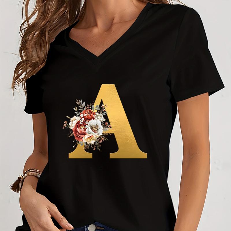 Vintage Flower Alphabet Graphic T Shirts Women Alphabet Rose Gold Essential Women Clothing Gift for Alphabet Floral Lover Tshirt