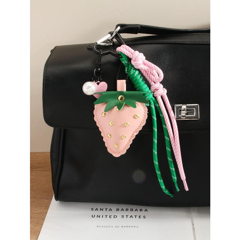 Cute leather strawberry pendant keychain braided rope love mobile phone chain bag pendant advanced sense