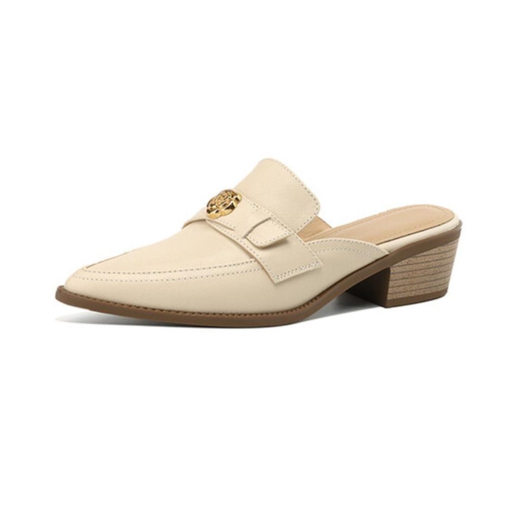 Soft Leather Pointed Head Half Slippers Women's Thick Heel 2025 New Slippers Women's Summer Outer Wear Middle Heel