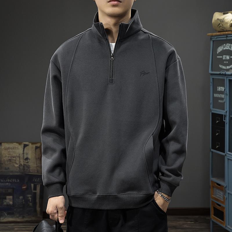 Heren Herfst Retro Geborduurde Zware Half-Ritssluiting Losse Pasvorm Opstaande Kraag Hoodie Pullover