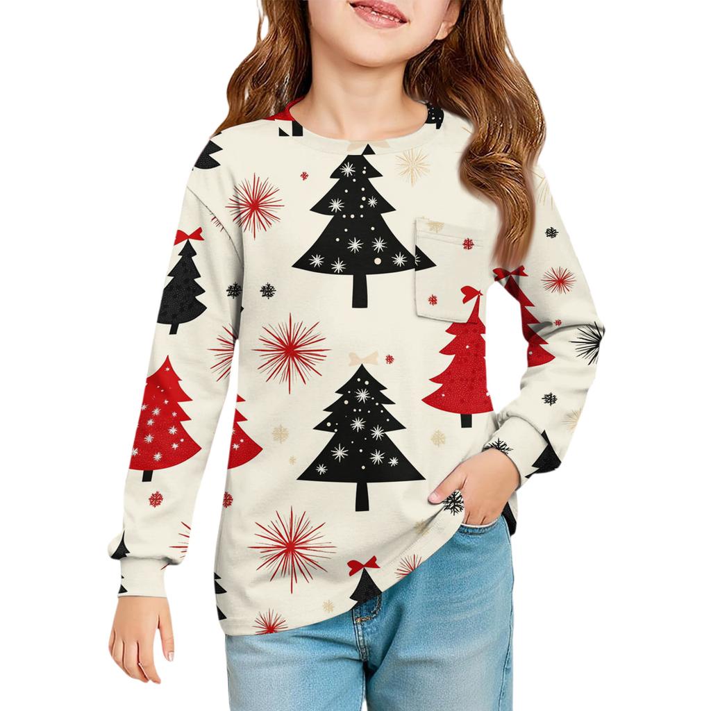 Christmas Day Girls' Long Sleeve Blouse - Round Neck Soft Waist Tunic