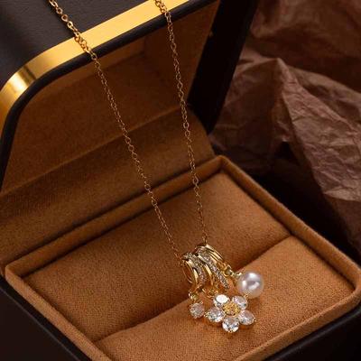 Edelstahl Bunte Blume Zirkon Perle Anhänger Halskette Für Frauen Einfach Elegant Koreanischer Schmuck Großhandel