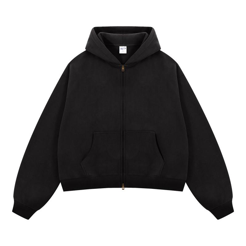Unisex Oversized Box Fit Fleece-Lined Zip-Up Hoodie Winter Warm Cotton Sweatshirt With Patch Pockets