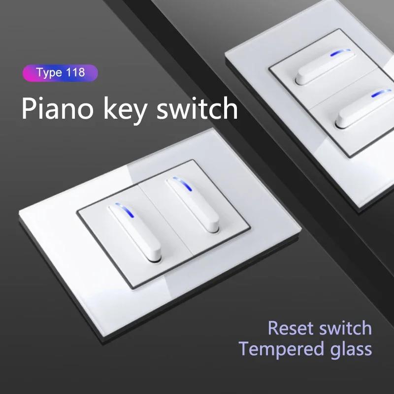118 Type Piano Key White Tempered Glass Fashionable Switch Socket American British European Standard Universal Socket