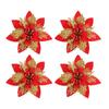 4pcs 14cm Glitter Artificial Christmas Flower Ornaments – Pink, Red & Gold for Tree & Home Holiday Decor