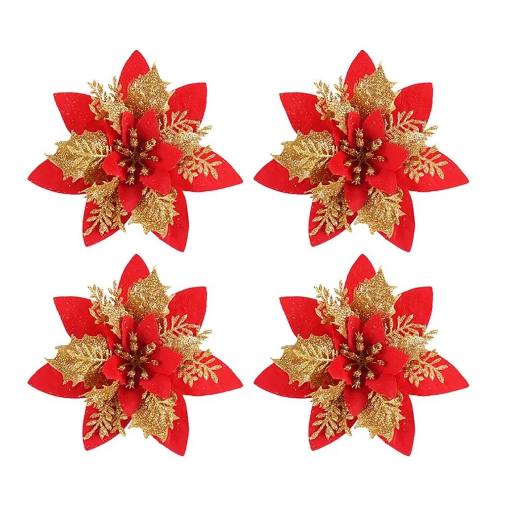 4pcs 14cm Glitter Artificial Christmas Flower Ornaments – Pink, Red & Gold for Tree & Home Holiday Decor