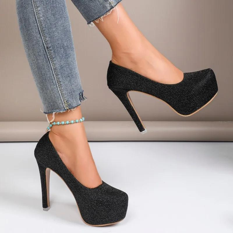 

Мода 2025 Новая женская обувь Неглубокие женские туфли на высоком каблуке Модные туфли с круглым носком Большого размера Банкет Бестселлер Сексуальная супервысокая обувь для женщин 42 чёрный