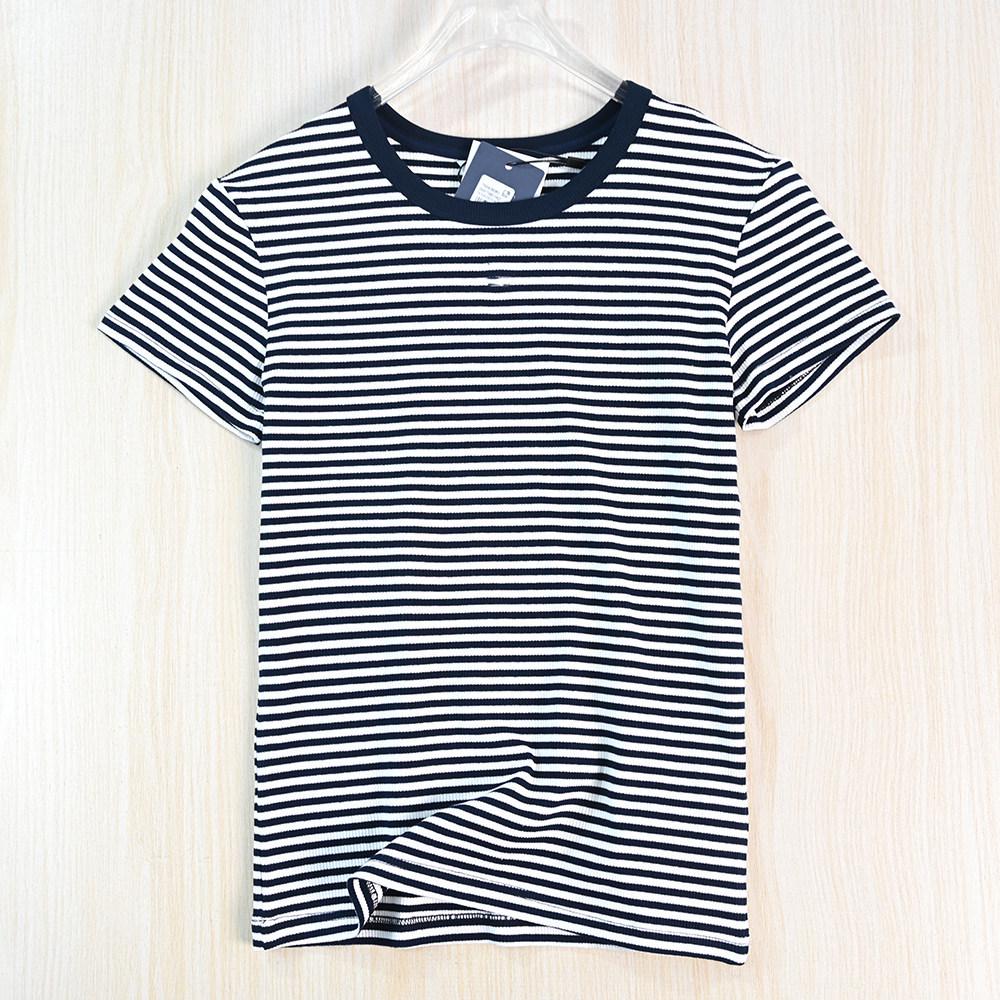Siqi Women s Ribbed Stretch Cotton Color Block Striped Slim Fit Round Neck Short Sleeve T-shirt M