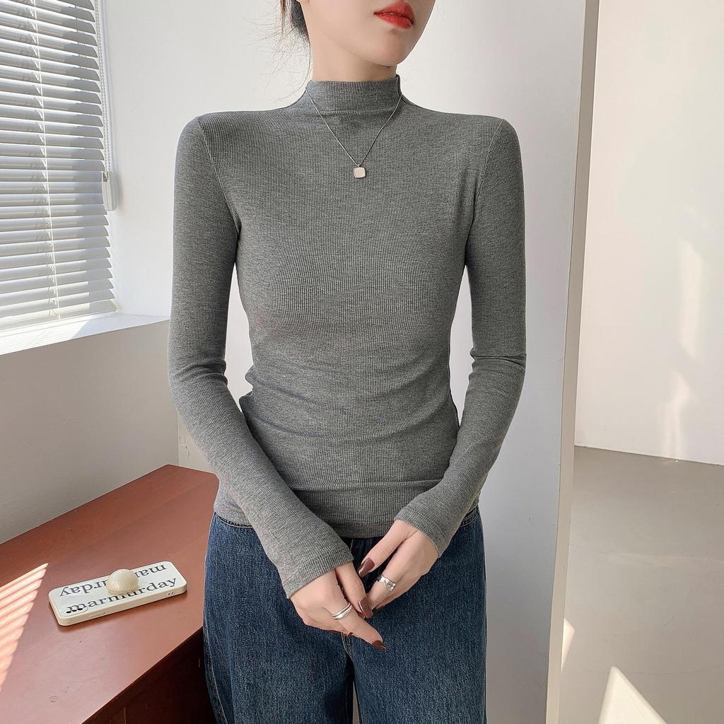 Women's Ribbed Half-High Collar Long-Sleeve Knitted Shirt for Autumn & Winter