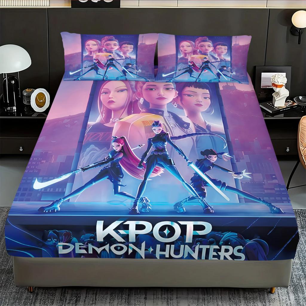 3pcsK-Pop Demon Hunters Printed coreless Fitted Sheet Set Multi Size Soft Bed Cover Bedroom Bedding Decoration Machine Washable