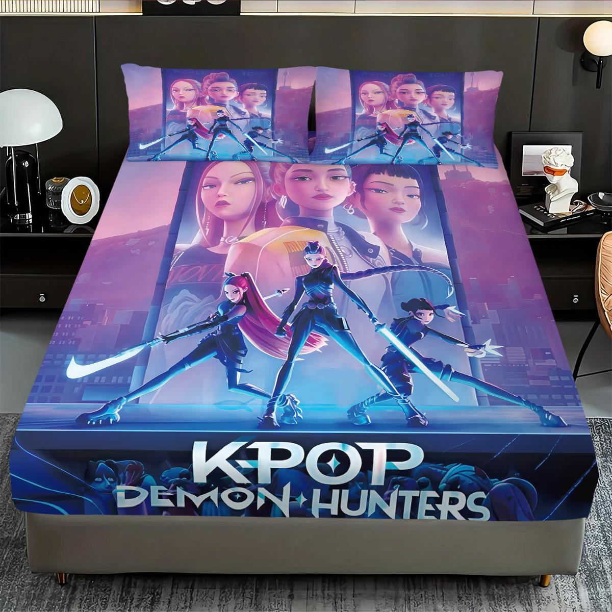 

3шт K-Pop Мисливці на демонів Принтований безсерцевинний Набір простирадл на резинці різних розмірів М який Покривало для ліжка Спальня Постільна білизна Декор Машинне прання EU Single(135*200cm)3pcs