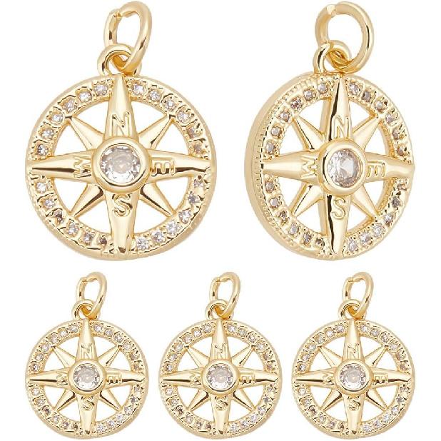 Beebeecraft 1 Box 10Pcs Compass Charms Micro Pave Cubic Zirconia Crystal Stone Golden Flat Round Pendants 13x16x3mm for DIY Jewelry Making Findings