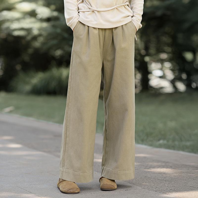 Johnature Women Vintage Straight Pants Solid Color Elastic Waist Trousers Autumn Pockets Soft Long Pants