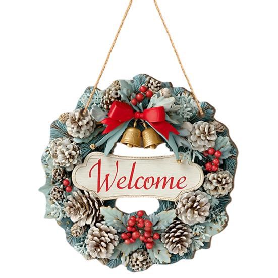 Wooden Door Sign Christmas Welcome Sign, Animal Round Hanging Decor, Cute Wall Art Farmhouse Ornament for Window Garden Holiday Decor Plaque