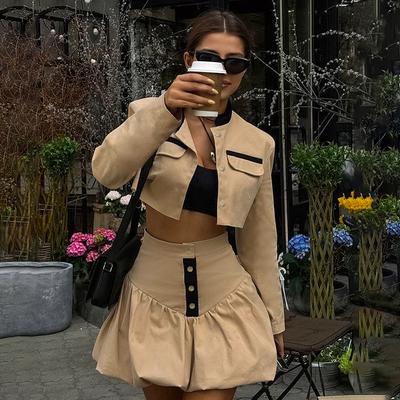 1116 Spring Commuter Khaki Professional Bud Skirt Set Women's Fashion Color Matching Coat Short Skirt Two-piece Women's Clothing