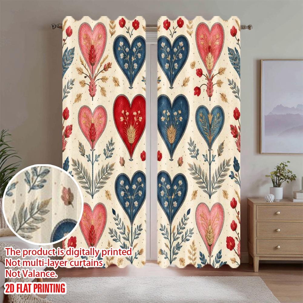 2D Flat Printing 2pcs Curtain Window Curtains Valentine's Heart Flowers Digital Printed Polyester Drapes Party Decorations