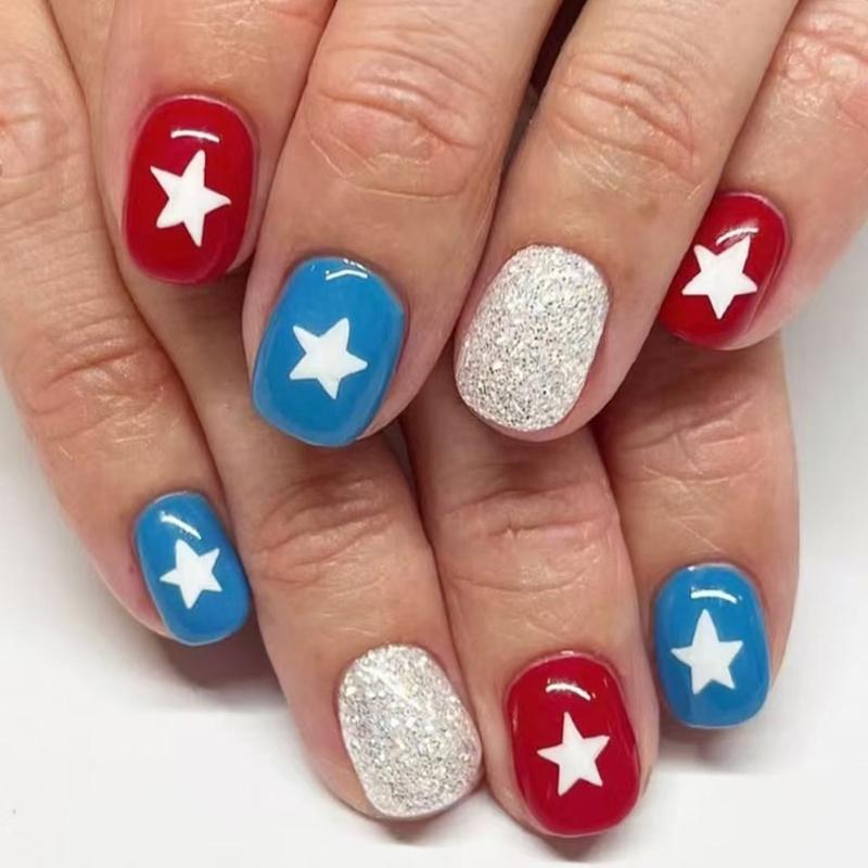 Square Press on Nail 4th of July Fake Nail Independence Day Glues on Nail Patriotic False Nail Full Cover Fake Nail