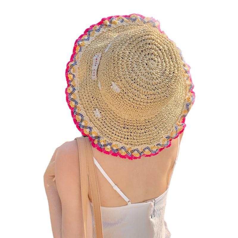 Color Lace Woven Straw Hat Women'S Spring Sunshade Sunscreen Bucket Hat Seaside Beach Sun Hat