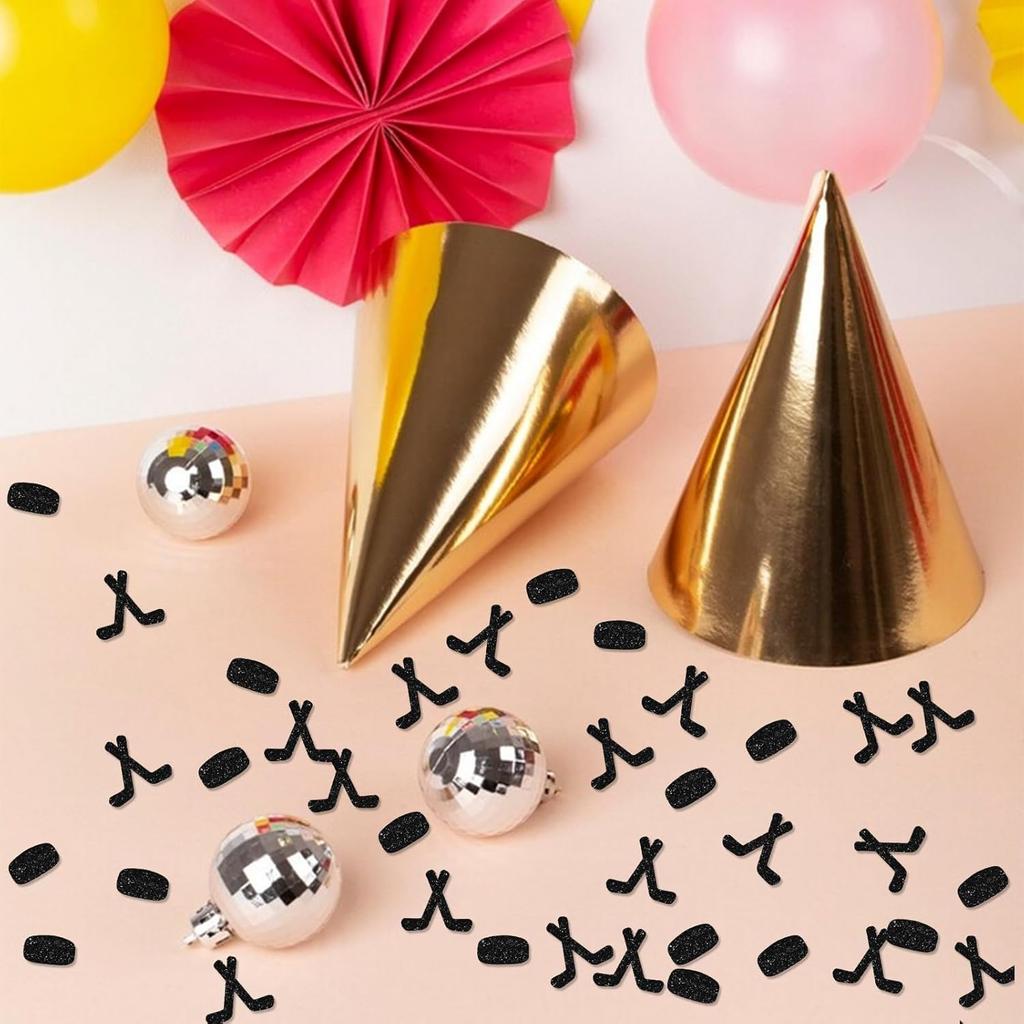 120 Hockey Confetti, Black Glitter Hockey Paper Confetti for Hockey Players Birthday Party, Hockey Ball Cut Out for Sports Theme Party Table
