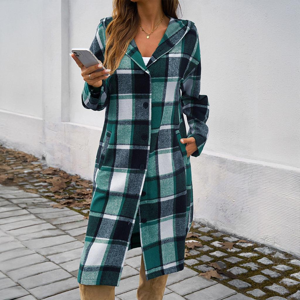 Women's Plaid Casual, Fashionable, Comfortable, Loose, Contrasting Color Breasted Hooded Jacket
