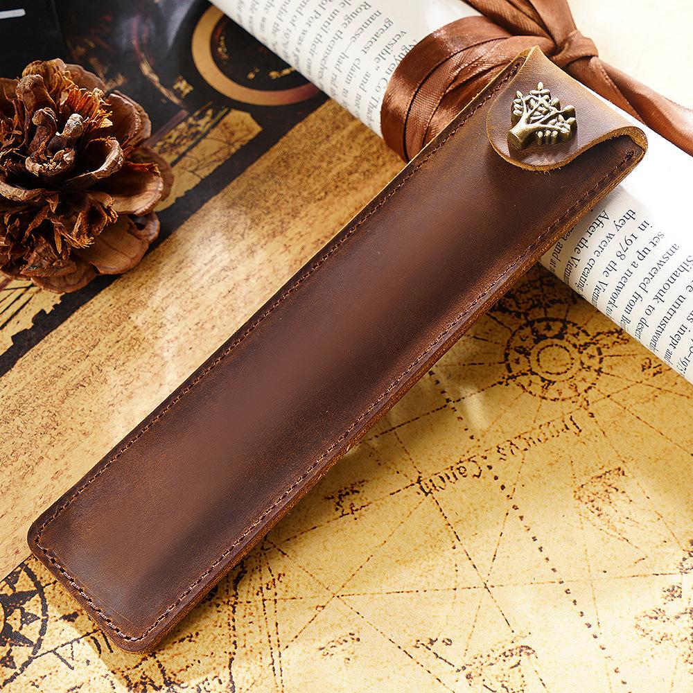 2026 Cowhide Pencil Case Creative Personality Retro Crazy Horse Leather Pen Cover Gift Pen Leather Cover