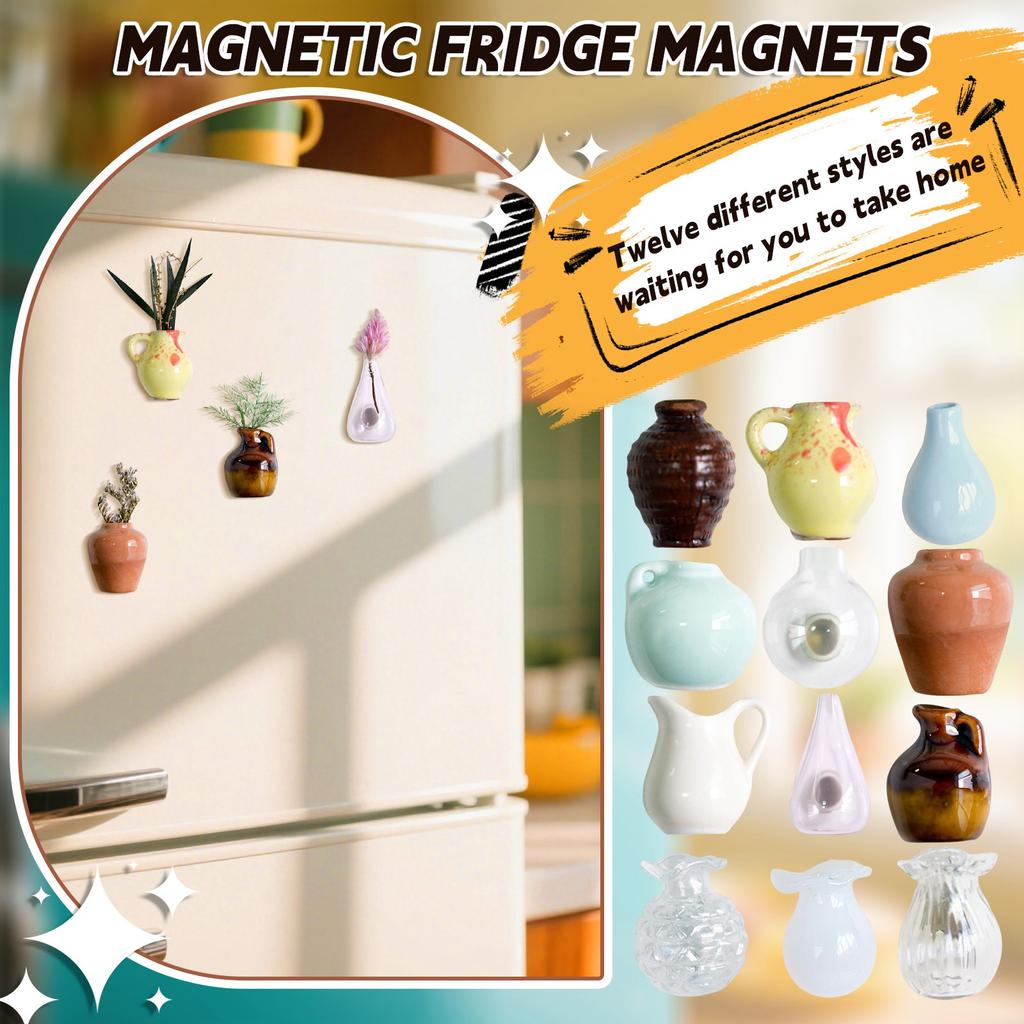 Fridge Magnetic Vase, Cute Ceramic And Glass Vase Magnets, 3D Flower Pot Vase Magnets For Kitchen Refrigerator Storage Cabinet Decoration