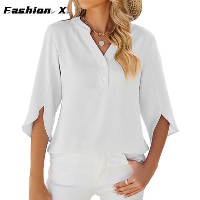 Solid Color V-Neck Mid-Sleeve Chiffon Top Women's Chiffon Shirt