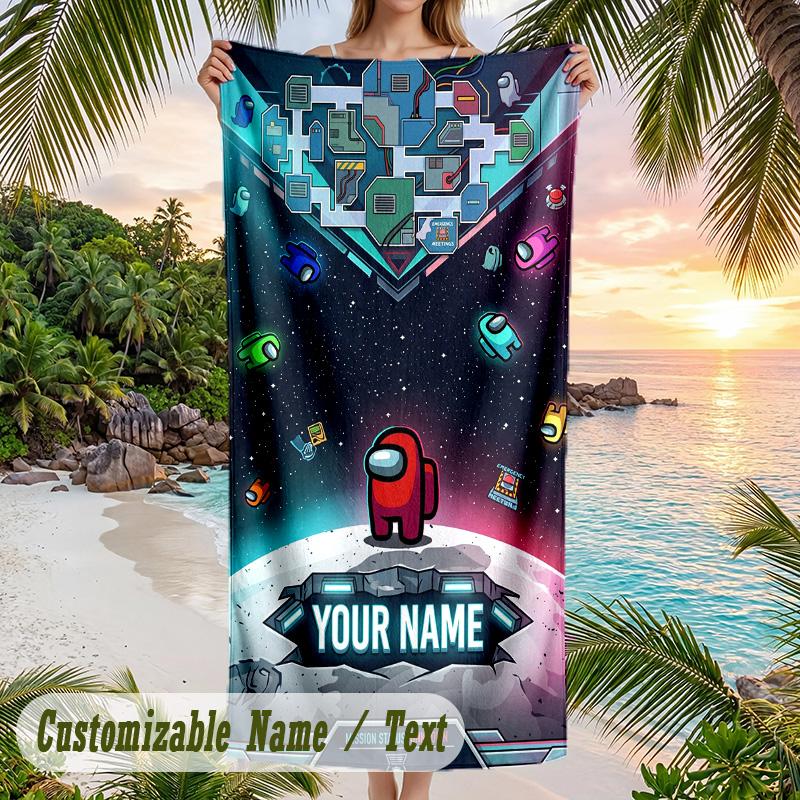 Among Us Beach Towel, Personalized Custom Text, Quick Dry Soft Large Towel For Swimming Pool Travel
