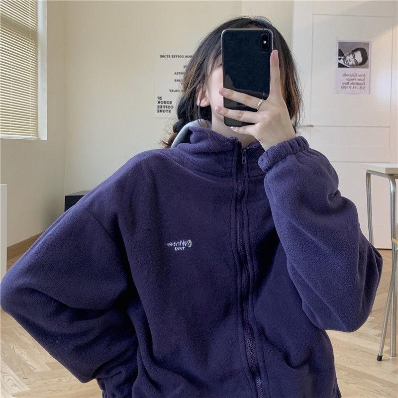 Polar Fleece Cardigan Zipper Stand Collar Hoodie Women Korean Loose Jacket Lazy Style Top