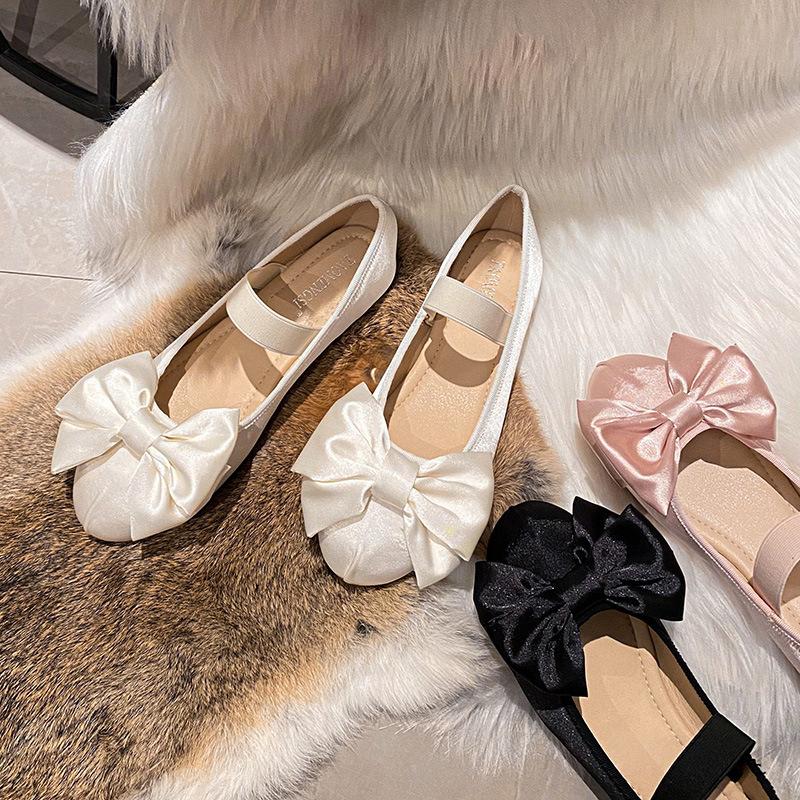 2024 Women's Butterfly-knot Ballets Silk Mary Janes Femme Elastic Band Flats Cozy Round Toe Loafers Ladies Brides Shoes Wedding