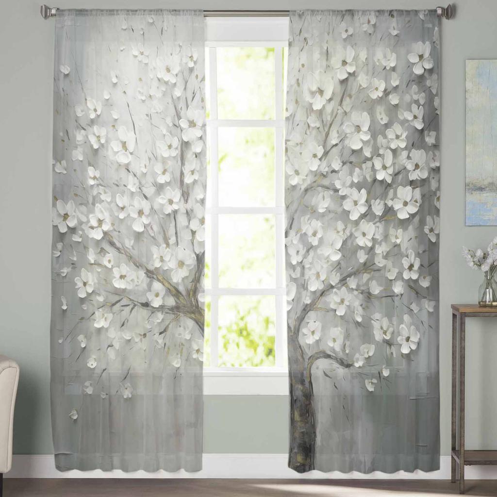 Träd Blomma Oljemålningsstil Blomma Skira Gardiner för Vardagsrum Modern Heminredning Tyllgardin Sovrum Voile Draperier