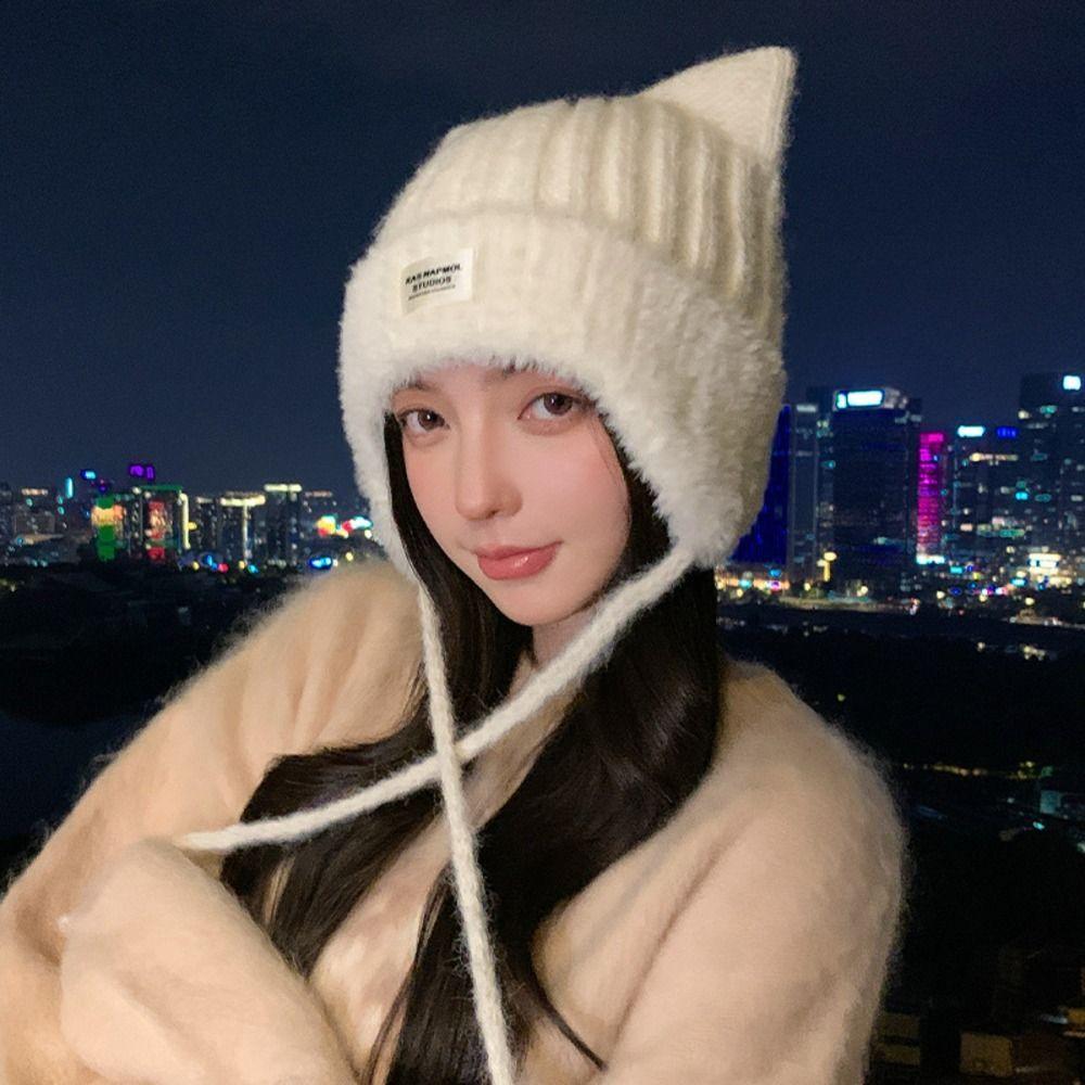 Polyester Cat Ear Knitted Hat 56cm To 58cm Head Circumference Warm Trapper Hat Casual Use