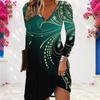 Women Plus Size Light Purple Printed V Neck Long Sleeve A Line Dress