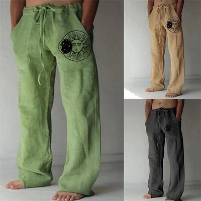 Herrenhose mit Jugenddruck, Leinen, aufgesetzte Taschen, lockere, lässige Hose mit Kordelzug
