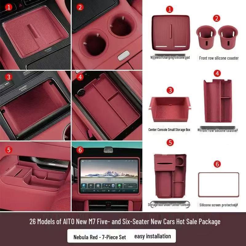 Compatible with 26 AITO M7 models, this silicone car interior set features wireless charging capabilities and decorative modifications.