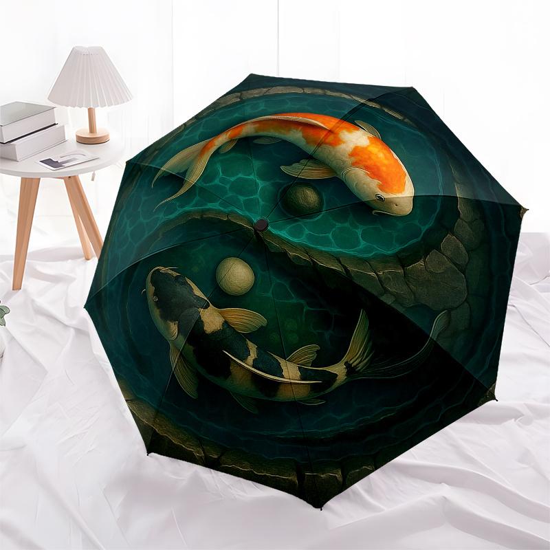 Yin Yang Koi Fish Pond Wall ArtDecorUmbrella, Portable 3-Fold Compact Umbrella for Men & Women Gift