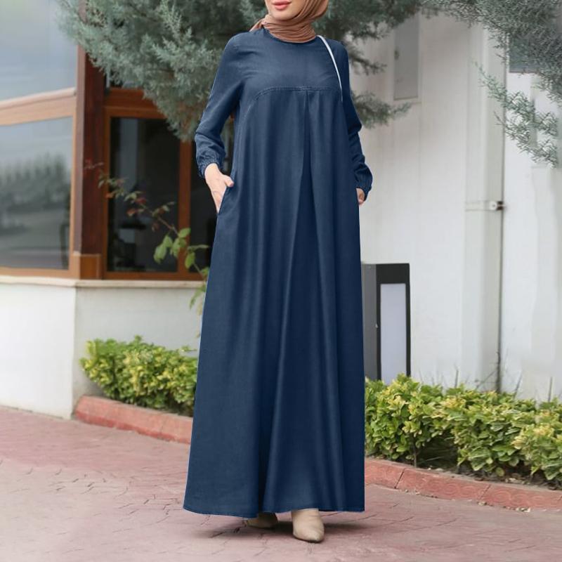 

ZANZEA Женское ретро повседневное платье с круглым вырезом и длинными рукавами свободного кроя 5XL темно-синий