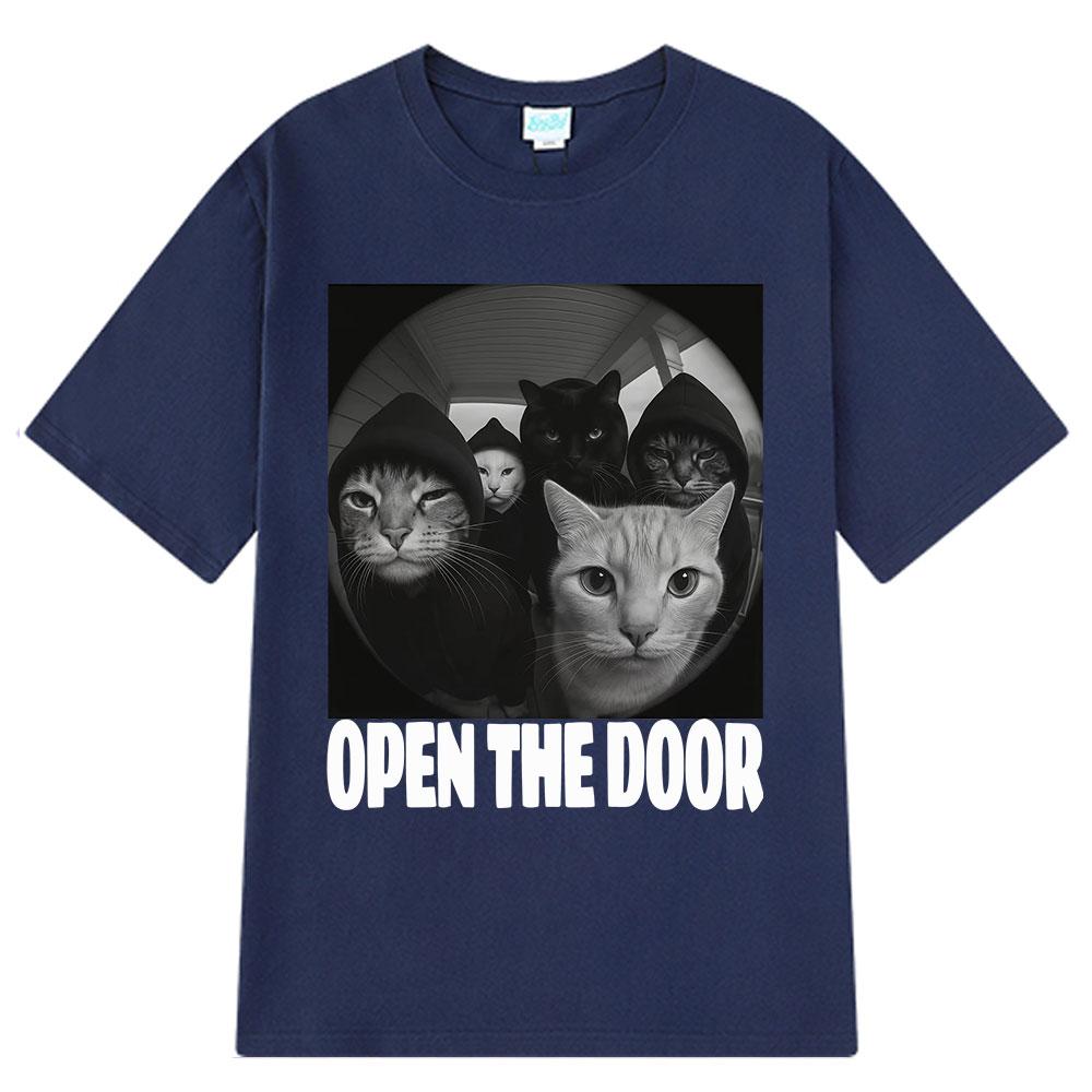 Open The Door Funny Cats Meme Tshirt Men Women Hip-hop Clothing T-shirts Short-sleeved Loose Casual Cotton T-shirts Streetwear