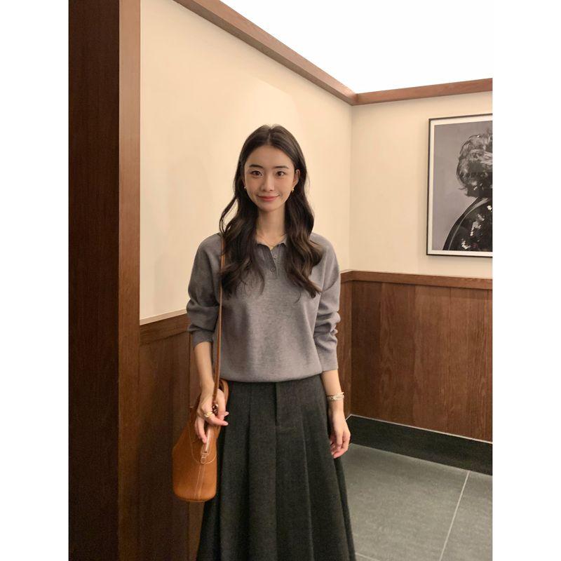

Pusumede Lazy Gene Polo Collar Pullover Sweater Women Spring and Autumn Loose Lazy Long sleeve Knit Top Melange gray(In stock) M