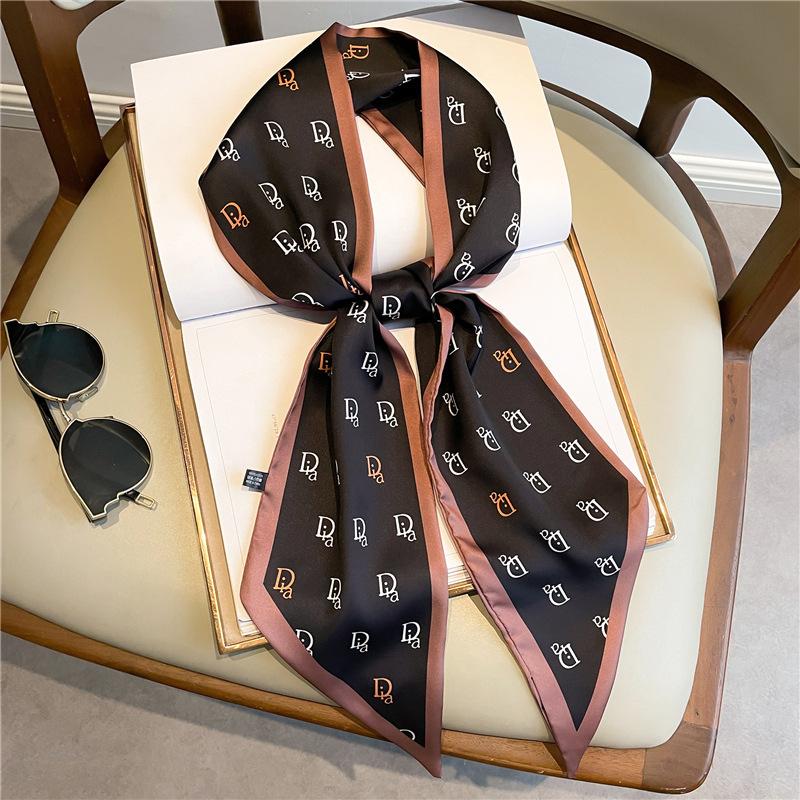 Long small silk scarf women's spring, autumn and summer black neck protection scarf with shirt streamer ribbon belt thin scarf