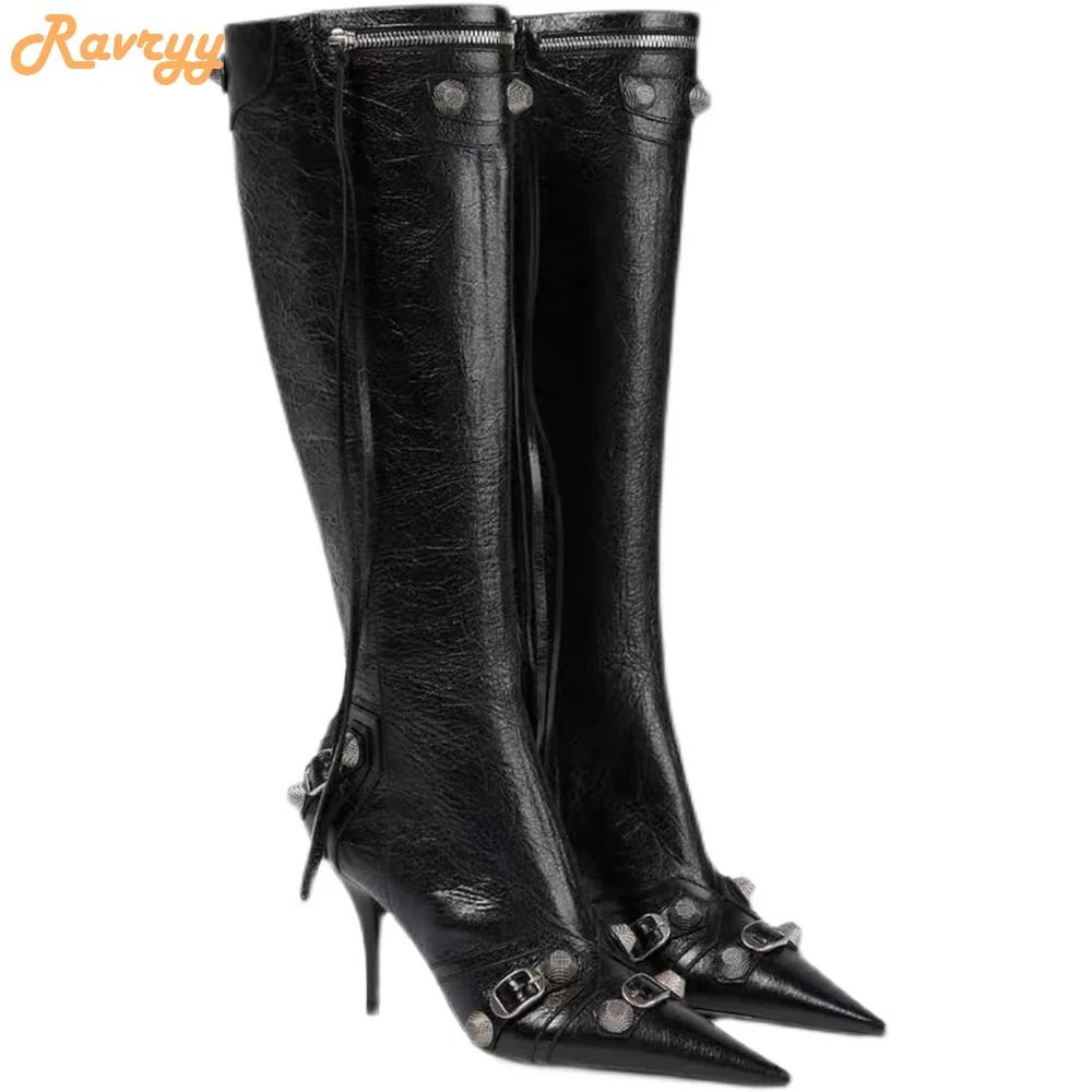 Fashion Women New Rivet Fringe Boots Metal Zipper Motorcycle Boots Belt Buckle Pointed Toe Knee High Shoes Aged-silver Studs Boots