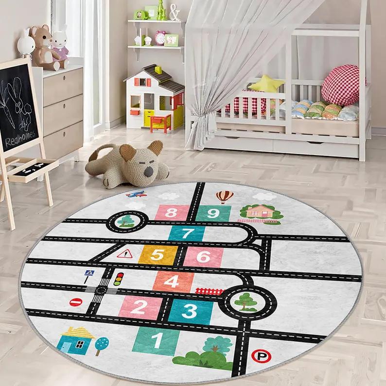 World Map Kids Rug Washable Non-Slip Round Play Mat Educational Animal Map Nursery Carpet Montessori Learning Decor Gifts
